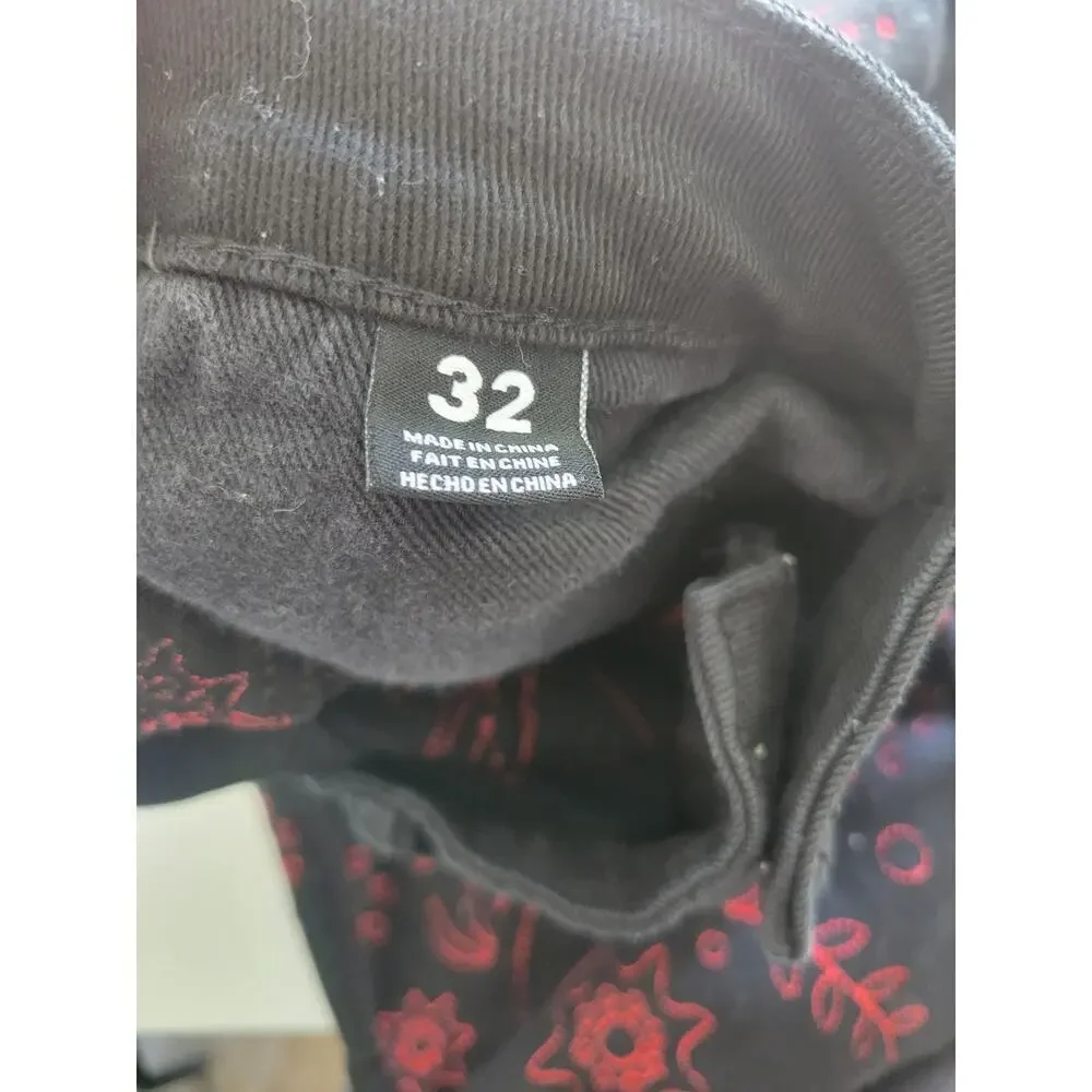 Embellish Mens Black Jeans Size 32 Red Paisley Embroidered Streetwear Skinny - Picture 4 of 6
